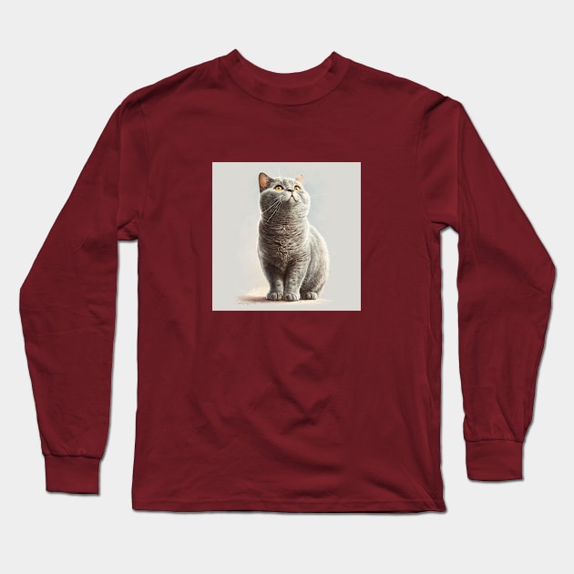 Illustration of handsome Scottish cat looking up Long Sleeve T-Shirt by KOTYA